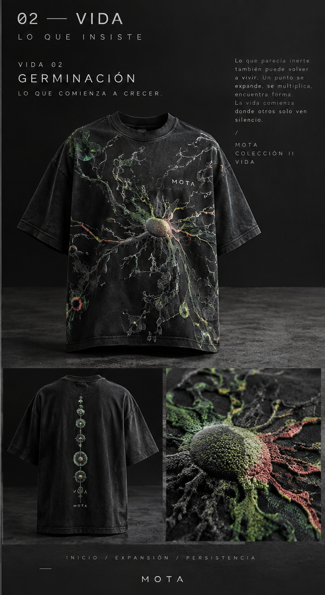 Tablero aprobado GERMINACIÓN de MOTA: camiseta oscura con red orgánica verde, vista posterior y detalle del diseño.